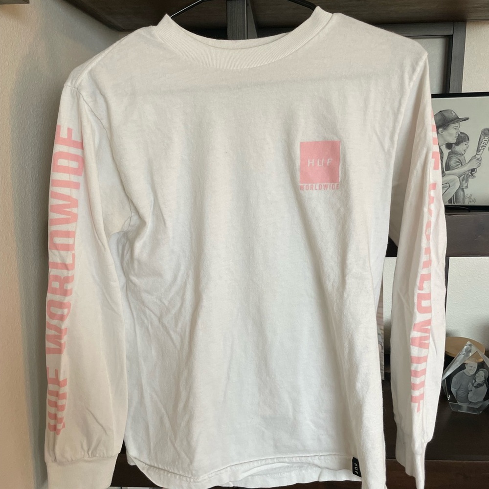 HUF Long Sleeve Tee in White and Pink